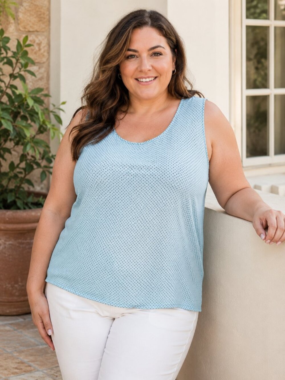*Notations Woman Plus Size 3X Blue White Polka Dot Sleeveless Tank Top Sheer‎